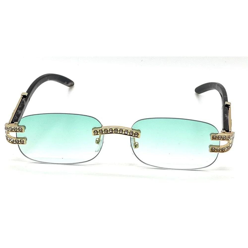 Rhinestone Rimless Men Sunglasses Fashion Green Tinted Lens Hip Hop Street Shade